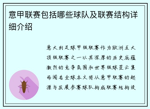 意甲联赛包括哪些球队及联赛结构详细介绍